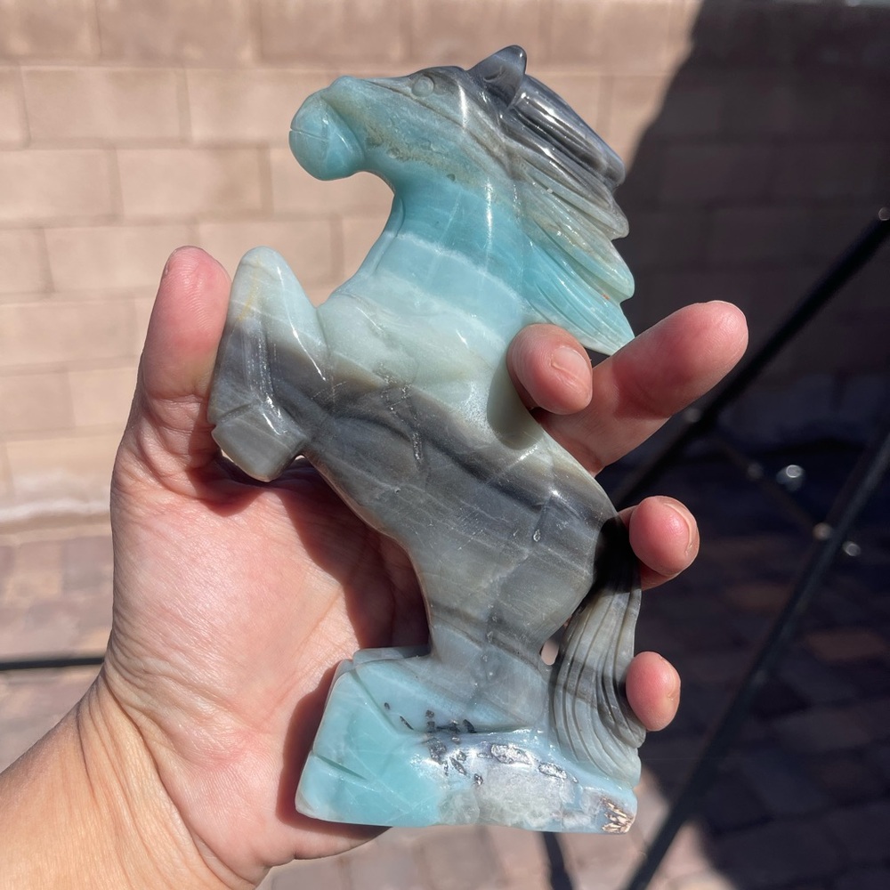 Hand-Carved Blue and Gray Caribbean Calcite Horse Sculpture -